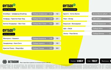 Клиент BETBOOM выиграл почти 3 700 000 рублей благодаря экспрессу на ЛЧ и английские турниры 