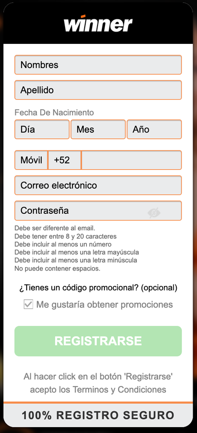 Formulario de registro en Winner desde dispositivo móvil