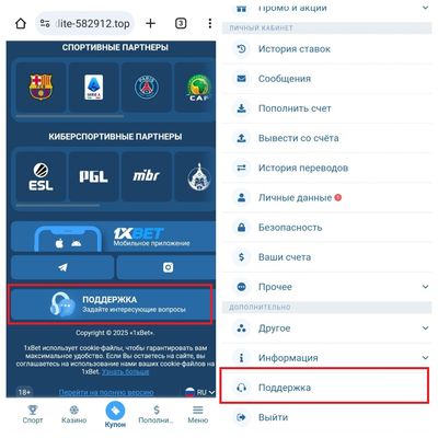 Способы перехода к контактам службы поддержки