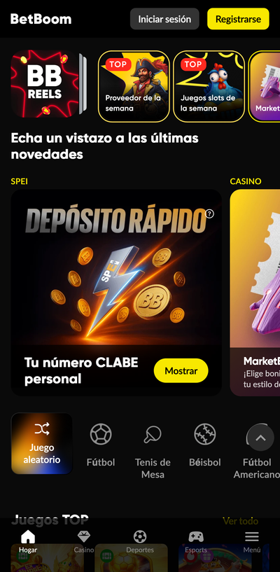 Pantalla principal de la app BetBoom con accesos a deportes, casino y promociones