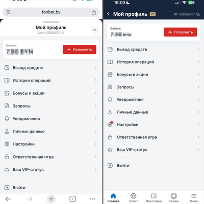 Изменения в пункте меню Мой Профиль в Фонбет Беларусь