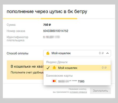 Скриншот выбора способа оплаты через Яндекс.Деньги: с кошелька или через карту