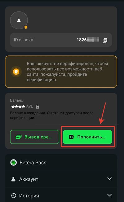Пополнение счета в Бетера