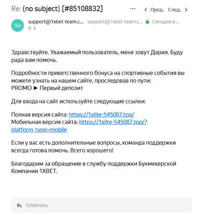 Пример ответа службы поддержки