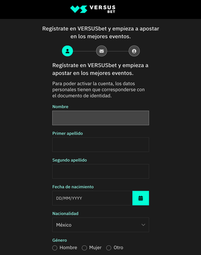 Formulario de registro en VERSUSbet con los campos del primer paso: datos personales.