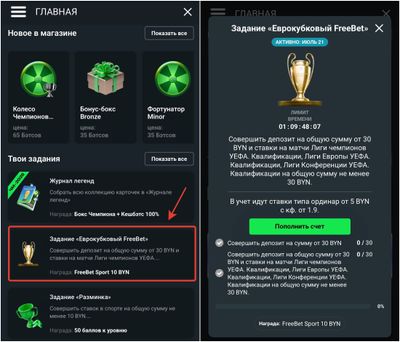 Карточка задания Еврокубковый фрибет