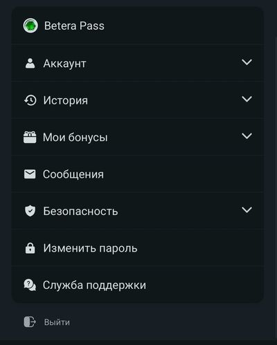 Разделы личного кабинета в Бетера