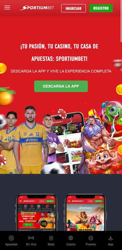 Pantalla principal de la app de Sportiumbet con las secciones de apuestas y casino