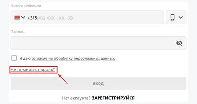 Скриншот окна восстановления пароля в белорусской БК «Париматч»
