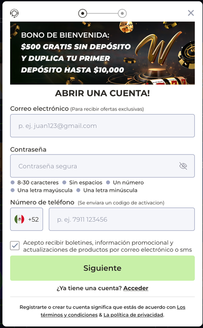 Formulario de registro en Winpot con el bono de bienvenida visible