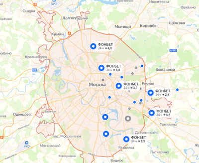 Карта клубов «Фонбет» в Москве. Серым отмечены заведения, которые не работают, чем крупнее точка, тем, соответственно, больше и сам клуб