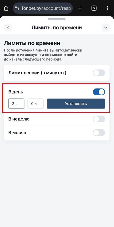 Установка суточного ограничения в 2 часа на пребывание в аккаунте