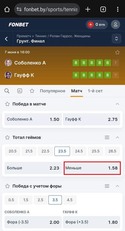 Ставка на ТМ (23,5) в теннисном поединке