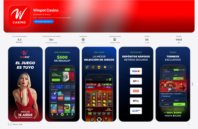 Winpot Casino en la App Store con calificación de 4.3 y más de 3,500 reseñas