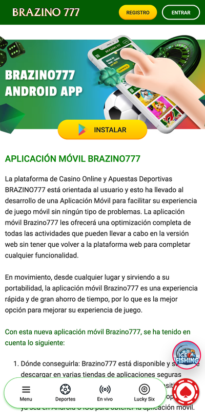 Página de descarga de la app Brazino777 para Android