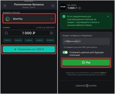 Пополнить счет через SberPay в мобильном приложении Пари