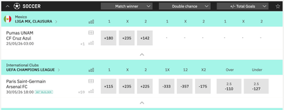 Línea de fútbol en VERSUSbet con mercados de ganador, doble oportunidad y goles totales.