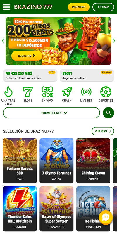 Página principal con el lobby del casino y las categorías de juego