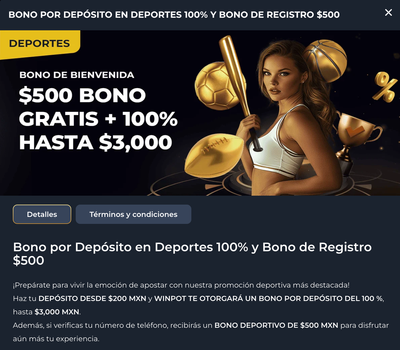 Detalle del bono de bienvenida deportivo en Winpot: 100% hasta $3,000 MXN + $500 gratis