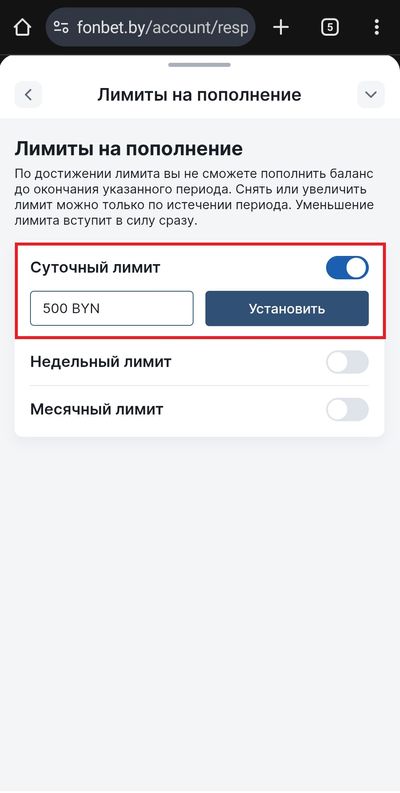 Игрок устанавливает лимит на суточный депозит в размере 500 BYN