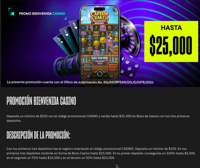 Detalle de la Promoción Bienvenida Casino en VERSUSbet con un bono de hasta $25,000 MXN.